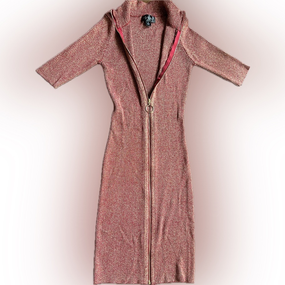 Stretch Midi Dress with Front Zipper S - Metallic Knit Fabric, Reddish-Golden